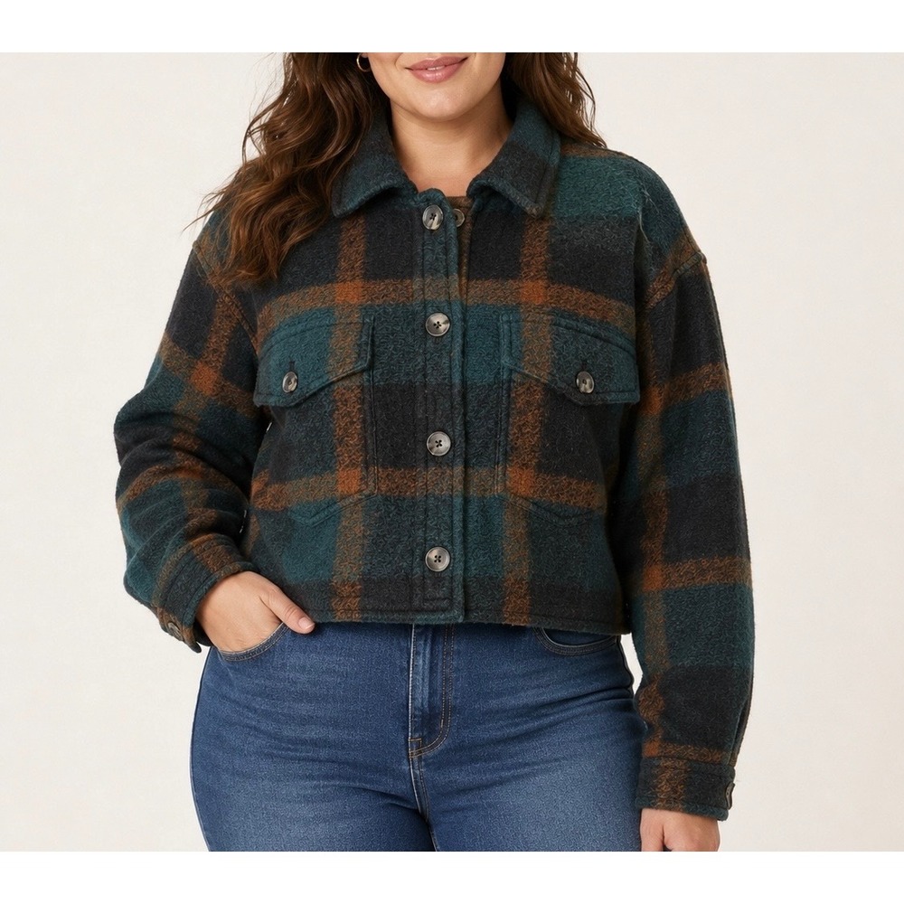 Wilfred Free Ganna Shirt Jacket Plaid Cropped Shacket Wool Blend Green‎ Large